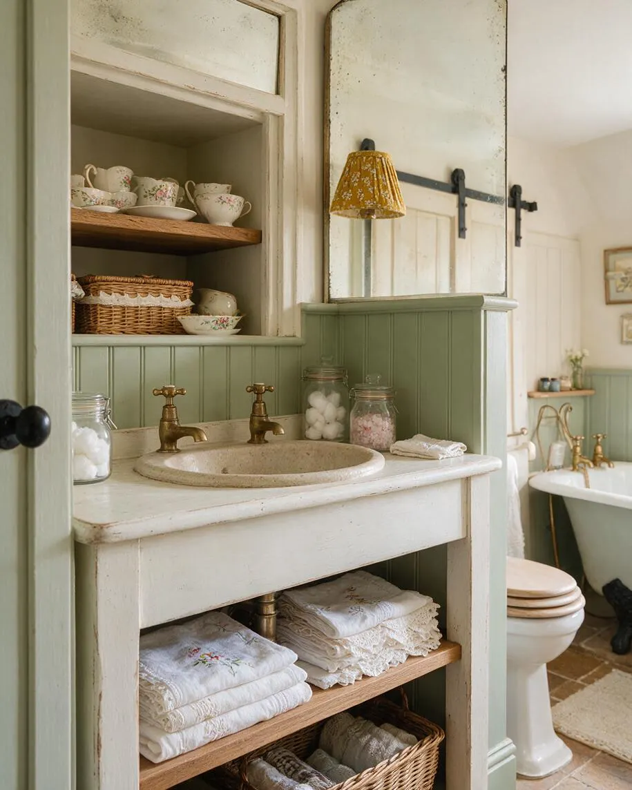 A cozy cottagecore master bathroom with a cream vanity, round stone sink, brass taps, and sage green beadboard paneling. Open shelves display folded embroidered linens, wicker baskets, floral teacups, and glass jars, while a large mirror and clawfoot tub add to the vintage farmhouse feel.