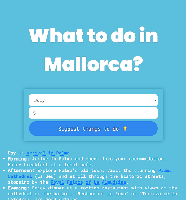 A travel guide layout for Mallorca with a focus on activities for a specific day.