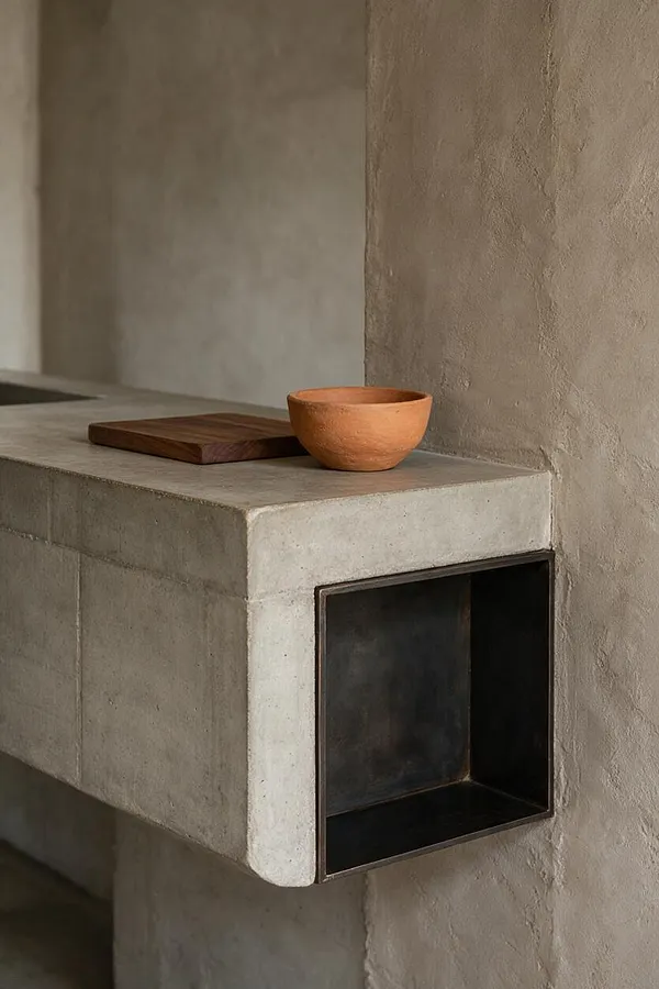 A minimalist Brutalist interior vignette featuring a thick concrete shelf or ledge built into a textured plaster wall. A small terracotta bowl and a dark wooden tray sit on top, while a recessed black metal niche adds a stark industrial contrast.