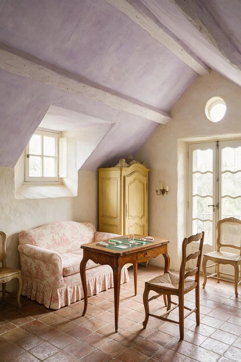 A cozy French Country game room with lavender-painted vaulted beams, plaster walls, terracotta tile flooring, and a small wooden game table at the center. A floral slipcovered sofa, vintage chairs, a pale yellow armoire, and French doors create a soft, rustic atmosphere.