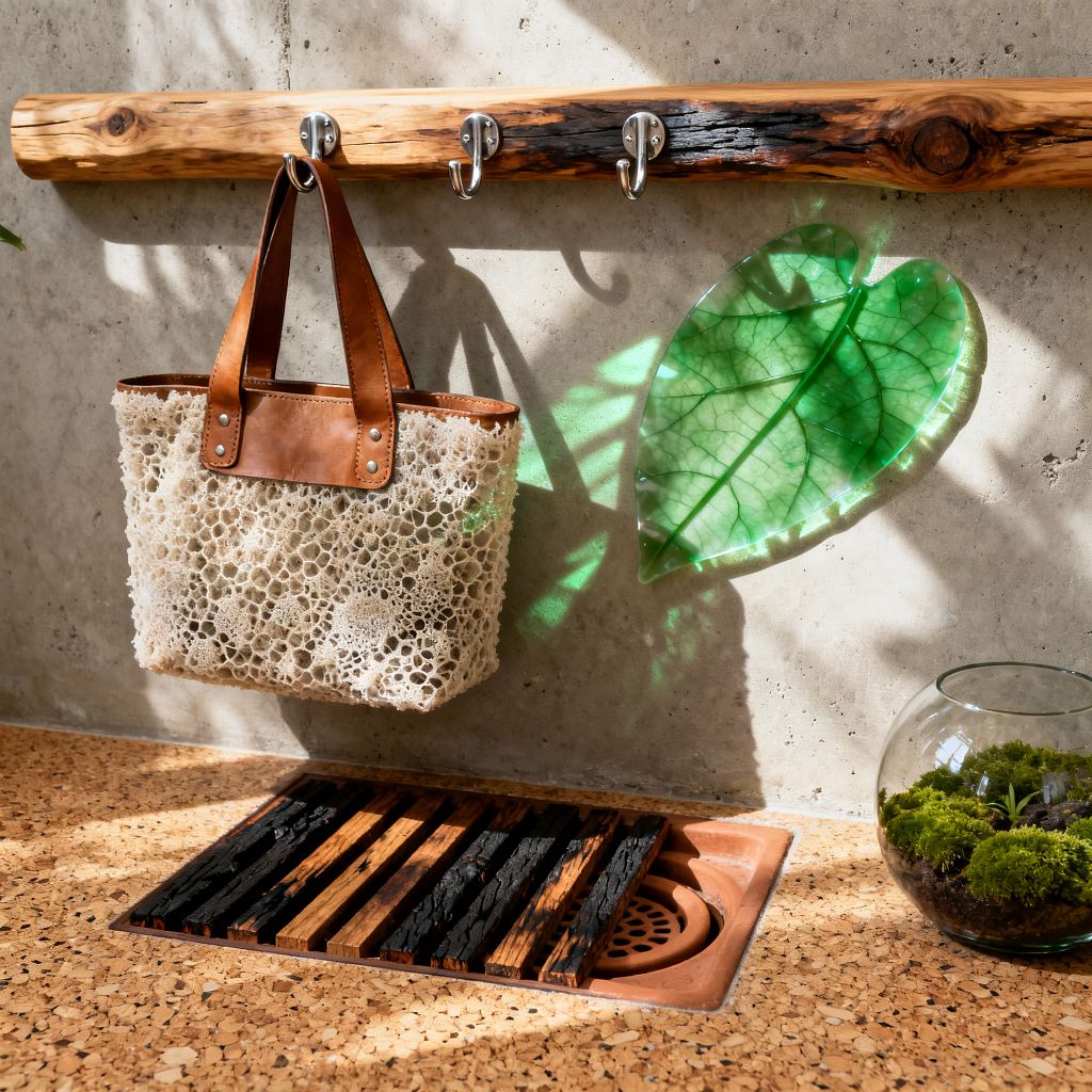 A sunlit mudroom wall features a live-edge wood rail with stainless hooks holding a loofah-textured tote with leather straps beside a translucent green glass leaf casting shadows on raw concrete. Below, warm cork flooring frames a recessed terracotta drain covered by alternating charred and natural wood slats, with a small glass bowl terrarium of moss at the edge.