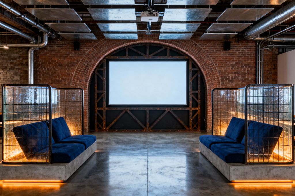 An industrial-style media room features a large projection screen set in a riveted black steel frame within a red brick arch. Two low, symmetrical sofas on concrete plinths have deep blue cushions and are enclosed by steel wire-mesh partitions with warm amber LED lighting beneath. A polished concrete floor reflects the glow, while exposed ductwork and suspended metal ceiling panels surround a ceiling-mounted projector.