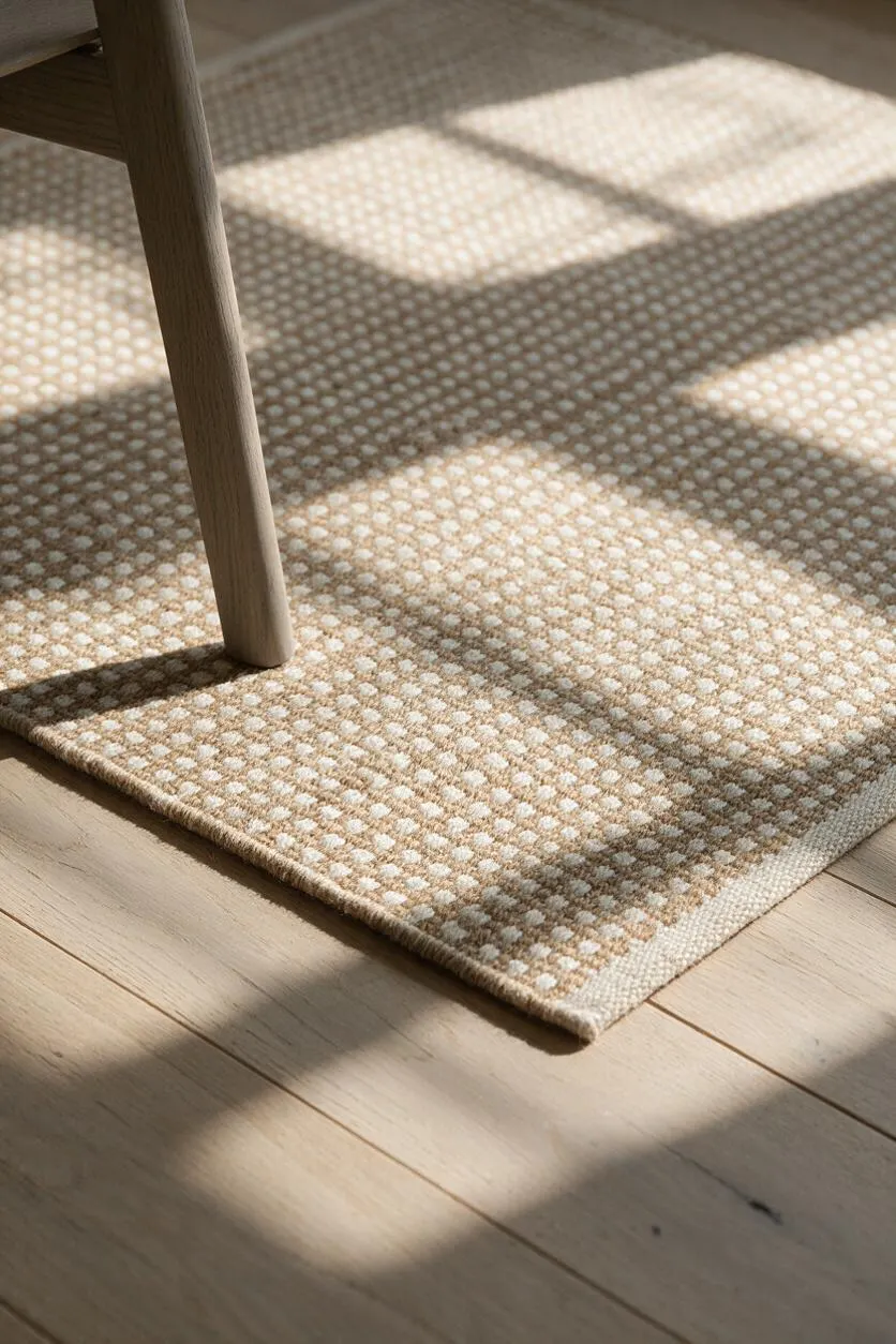 A close-up of a small beige woven rug with a subtle dotted pattern lying on light oak floorboards. The tapered wooden leg of a chair or table enters from the upper left, and soft window light casts geometric shadows across the rug and floor.