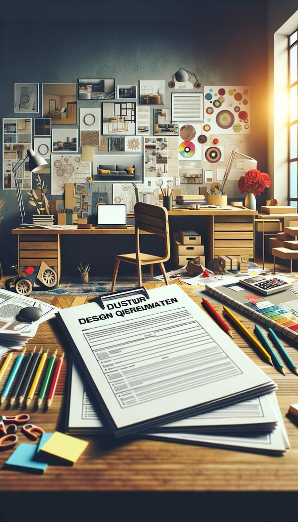 An image of a well-organized design questionnaire on a designer's desk, with various interior design projects and mood boards visible in the background, suggesting the process of tailoring a design to a client's needs.