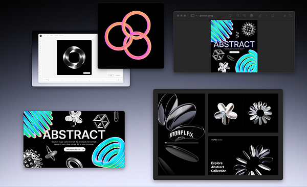 The image features a collage of digital design elements and interfaces related to abstract art and graphics.