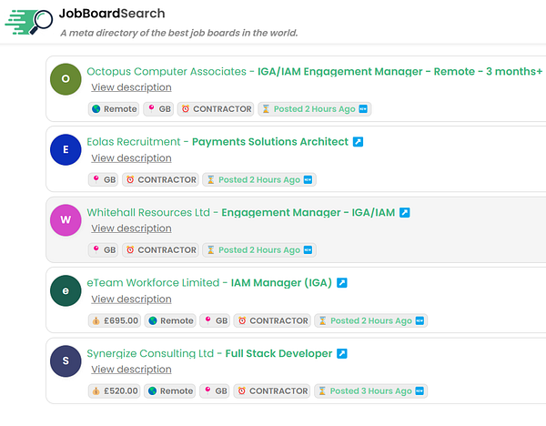A job listing interface displaying various job opportunities from different companies.