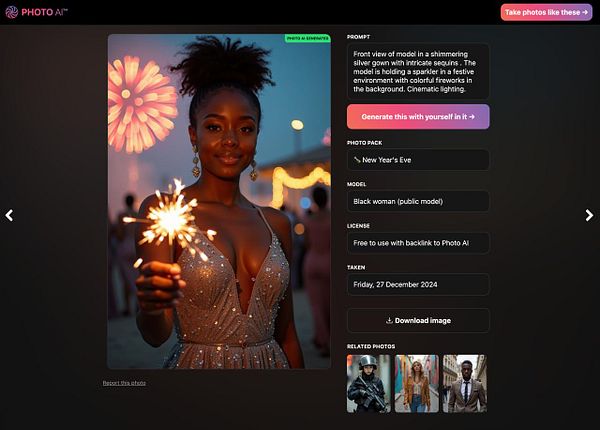 A model in a shimmering silver gown holds a sparkler against a backdrop of colorful fireworks.