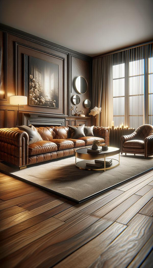 A luxurious living room with a full grain leather sofa, its rich texture and natural imperfections highlighted by soft lighting.