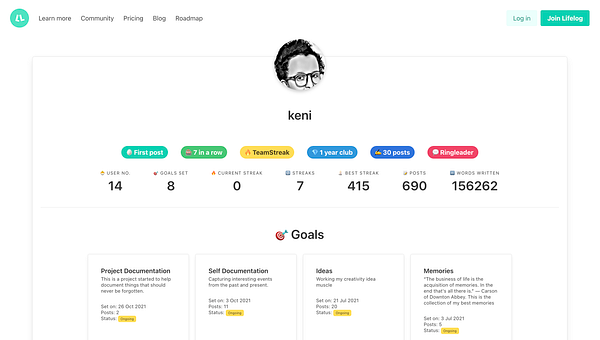 The image displays a user profile on the Lifelog platform, showcasing various statistics and goals related to writing.