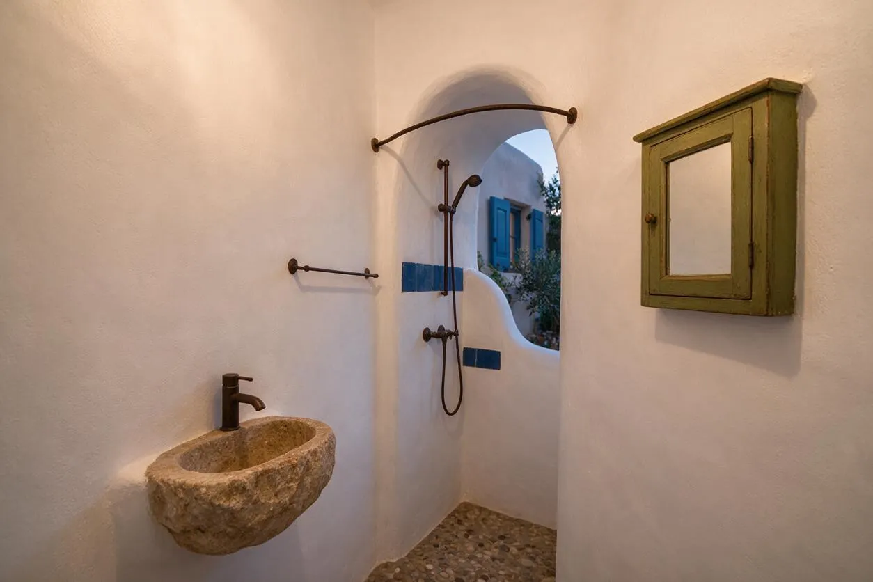 A Mediterranean-style master bathroom with white plaster walls, an arched shower opening, and a rustic stone vessel sink mounted on the left wall. Dark metal fixtures, blue tile accents, a pebble floor, and a small green wall cabinet add handmade character and warm contrast.