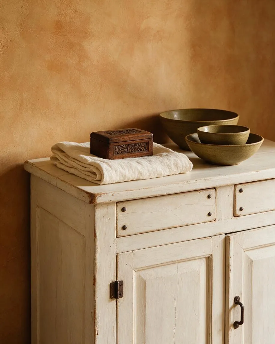 A rustic cream-painted wooden cabinet stands against a warm terracotta wall, topped with folded natural linen, a small carved wooden box, and stacked olive-toned bowls. The distressed finish and simple iron hardware create a calm Mediterranean look.
