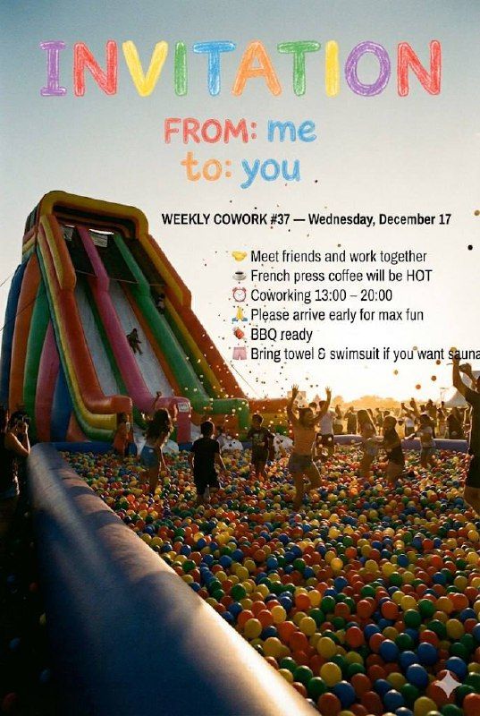 A vibrant invitation for a coworking event featuring a colorful ball pit and a large inflatable slide.