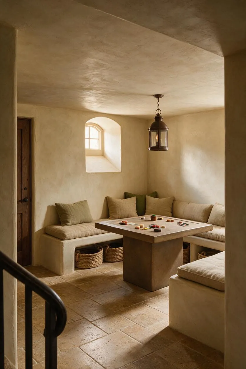 A cozy Mediterranean-style game room with plaster walls, a curved alcove window, and a dark metal lantern pendant overhead. Built-in beige banquette seating wraps around a square game table, with woven baskets tucked underneath and warm terracotta tile flooring below.