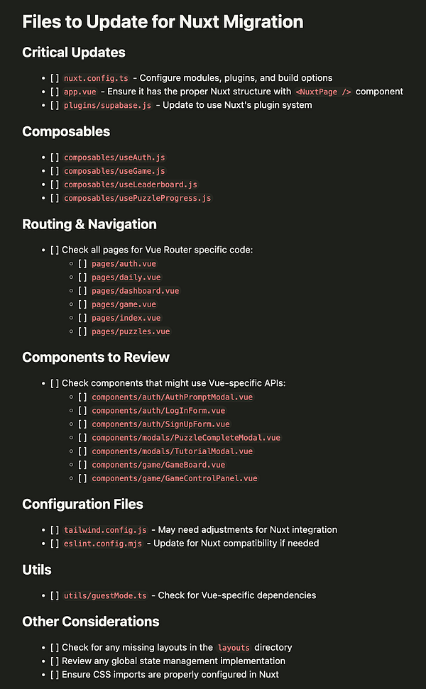 A checklist for updating files during a Nuxt migration process.