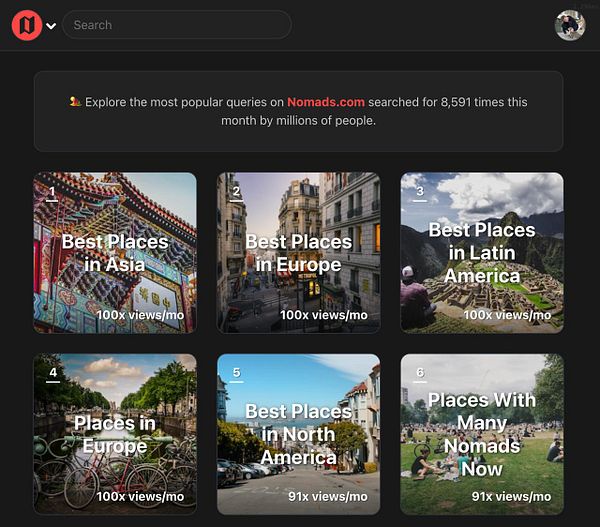 Screenshot of a mobile app displaying a travel-themed user interface with categories and destination cards, alongside a task description about optimizing filter queries on nomads.com.