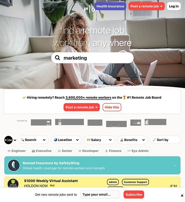 A woman is searching for remote marketing jobs on a job board website.