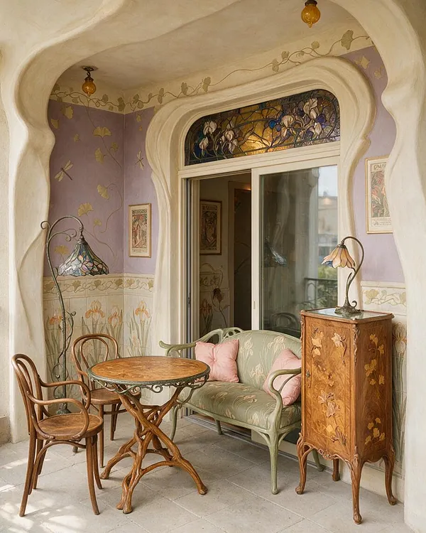 A small Art Nouveau patio with curving cream stucco walls, lavender painted panels, and floral mural details. The space includes a carved wood bistro table, bentwood chairs, a pale green upholstered settee with pink cushions, stained glass lamps, and a floral-inlaid cabinet beside a sliding glass door.