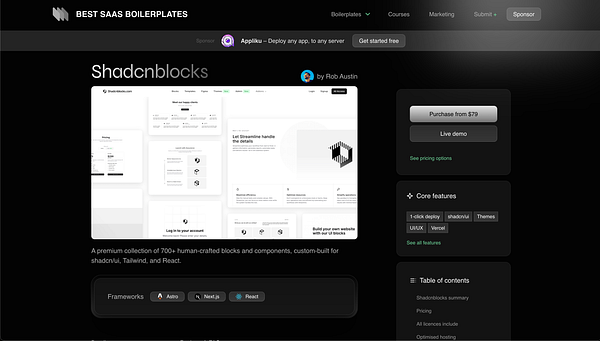 The image displays a promotional webpage for Shadcnblocks, showcasing its features and offerings.