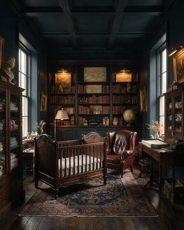 A dark academia nursery with deep blue-black walls and a paneled ceiling, centered on a carved dark wood crib with white bedding. Built-in bookshelves filled with old books, framed maps, brass lamps, a burgundy leather armchair, and vintage cabinets create a scholarly, antique atmosphere.