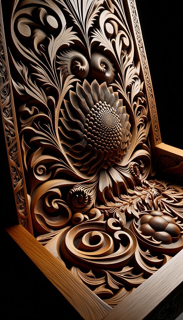 a close-up view of an intricately carved wooden splat in the center of a chair's backrest, showcasing its detailed design