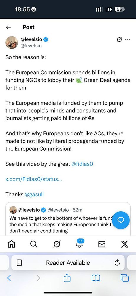 A Twitter post discussing the European Commission's funding of NGOs and its influence on media perspectives regarding air conditioning and climate change.