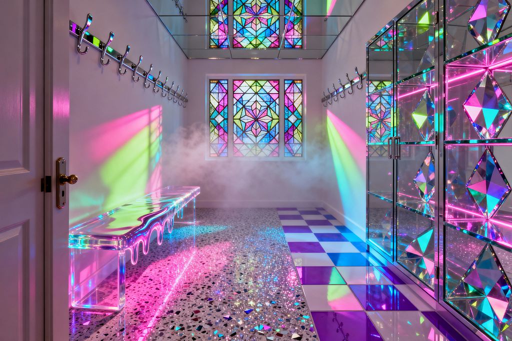 A white-walled mudroom glows with neon color from kaleidoscopic stained-glass windows, casting pink, blue, and green beams across a terrazzo floor and a purple-and-white checkerboard entry. A transparent acrylic bench with a melting-drip profile sits beneath long rows of polished chrome hooks, opposite tall lockers with iridescent glass diamond panels and chrome pulls, while a mirrored upper wall amplifies reflections and a light fog lingers near the windows.