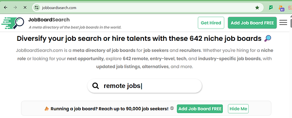 The image displays a webpage for JobBoardSearch, a directory of job boards for job seekers and recruiters.