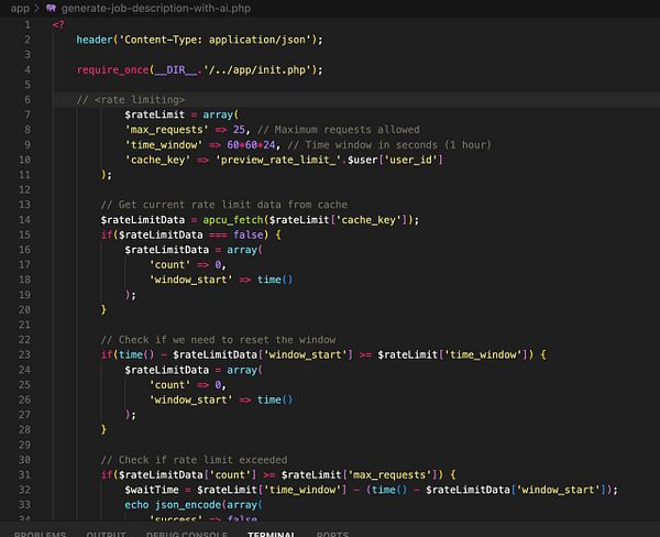 The image displays a code snippet for implementing rate limiting in a PHP application.