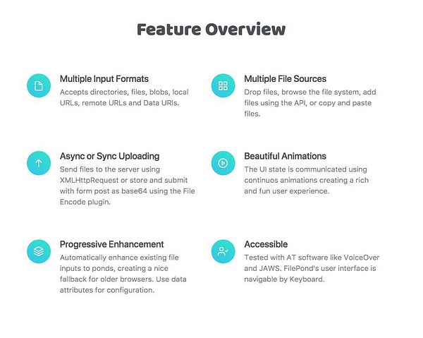 The image presents a feature overview for the FilePond page, highlighting various functionalities.