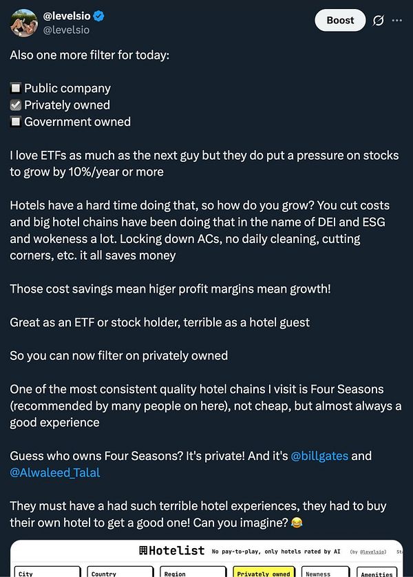 A tweet discussing the addition of a filter to distinguish public, private, and government-owned hotels on a hotel rating platform, highlighting the impact of ownership on hotel quality and guest experience.