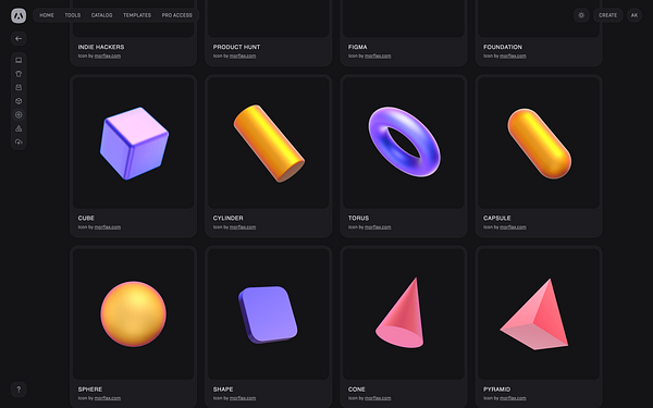 A dark-themed interface displaying various 3D geometric shapes and icons.