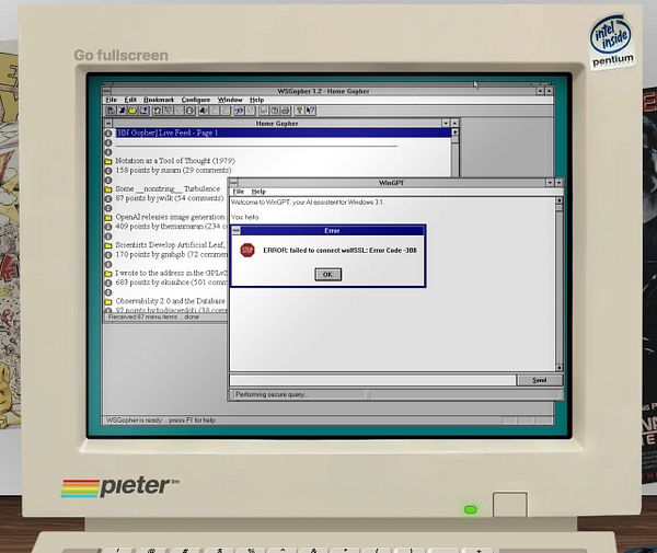 A vintage computer screen displays an error message from a Windows 3.1 application called WinGPT.