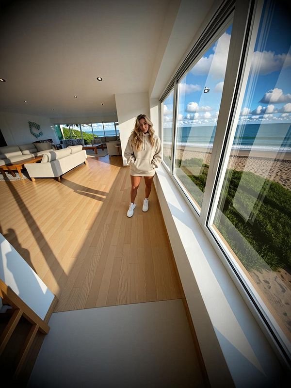 A person stands in a bright, modern interior with large windows overlooking a beach.