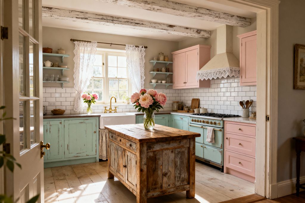 A sunlit shabby chic kitchen features distressed pastel cabinets in mint and blush, a reclaimed wood island centered on weathered pine floors, and a white farmhouse sink under a mullioned window dressed with lace curtains. White ceramic subway tiles, light stone counters, a mint vintage-style range with brass hardware, open mint shelves, whitewashed ceiling beams, and vases of pink peonies create a soft, nostalgic atmosphere.