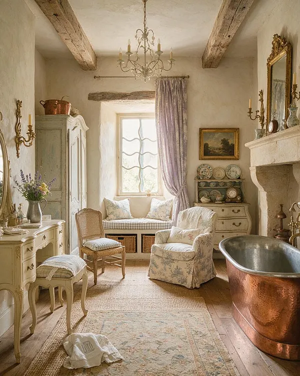A French Country master bathroom with exposed wooden ceiling beams, a copper freestanding bathtub, and soft cream plaster walls. The room includes vintage painted furniture, a chandelier, floral upholstered seating, a window bench, and a pale lavender curtain, creating a warm, elegant, and rustic atmosphere.