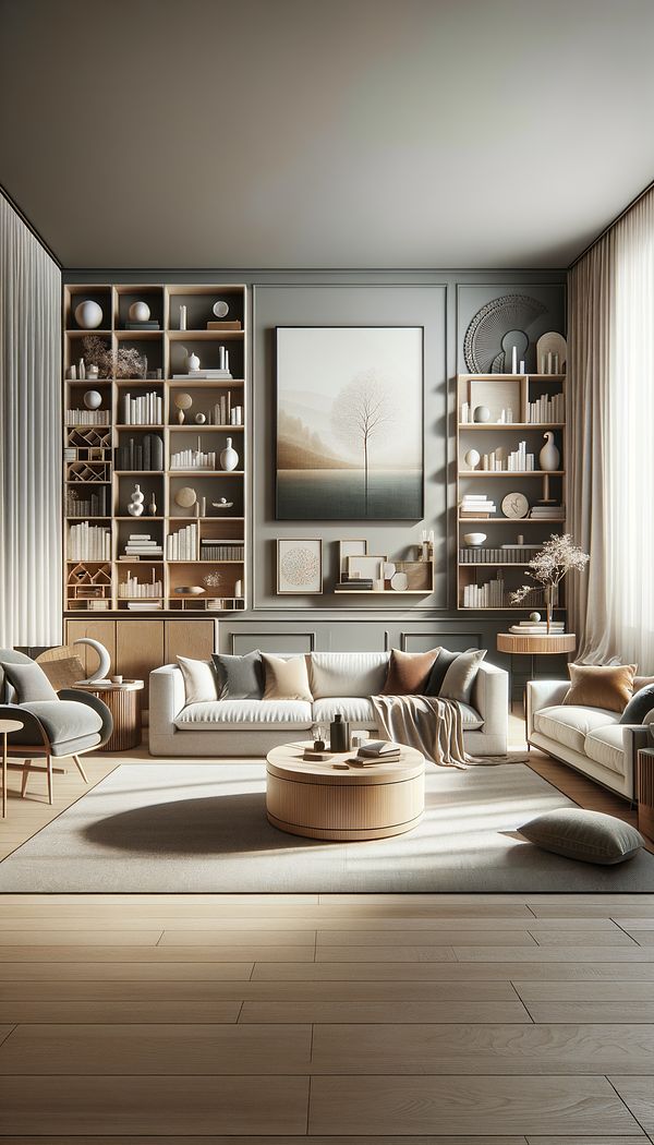 a modern living room featuring a variety of neutral colors, with textures and materials highlighted