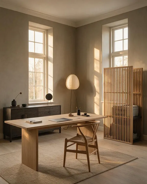 A calm Japandi-style home office with a large light wood desk centered on a beige rug, a sculptural wooden chair, and warm beige walls. Two tall windows bring in soft natural light, while a dark sideboard, paper floor lamp, and vertical slatted room divider add contrast and texture.