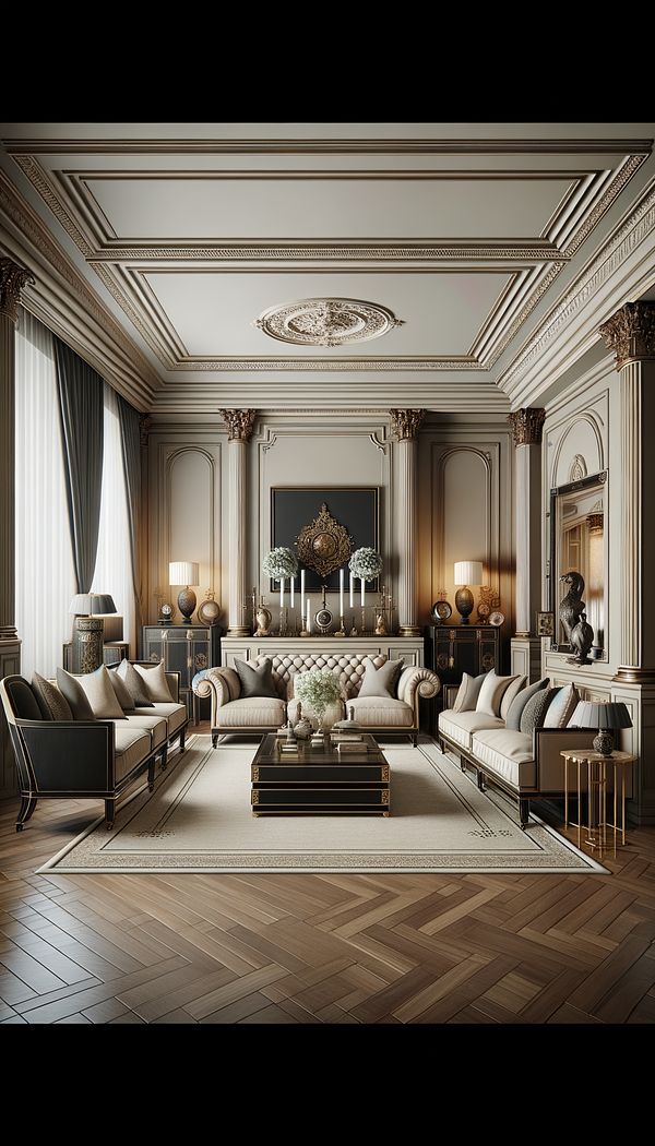 An elegantly furnished living room featuring symmetrical arrangements of furniture, with a neutral color palette accented by dark wood tones and gold detailing. Architectural elements like columns and ornate mouldings are visible, alongside sophisticated decorative objects on display.