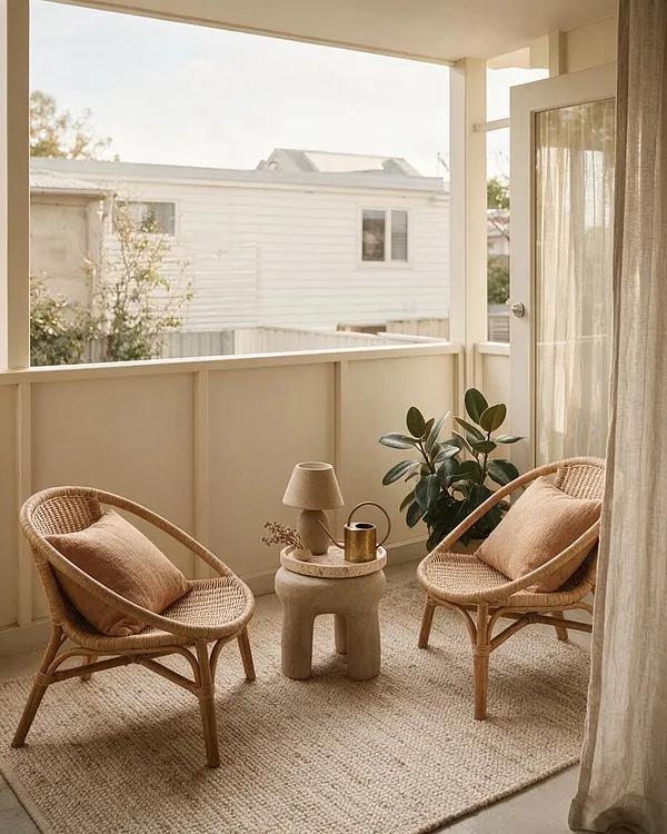 A small covered backyard patio styled as a cozy lounge, with two woven rattan chairs facing a stone pedestal table. Neutral cushions, a textured natural rug, a potted plant, and sheer curtains create a warm organic modern atmosphere.
