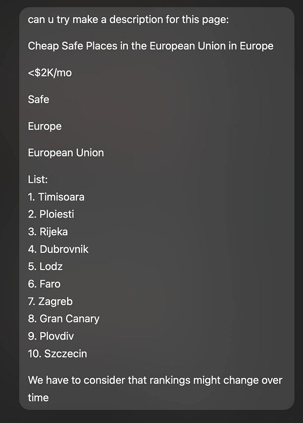 A task prompt requesting a description for a webpage listing affordable and safe places in the European Union.