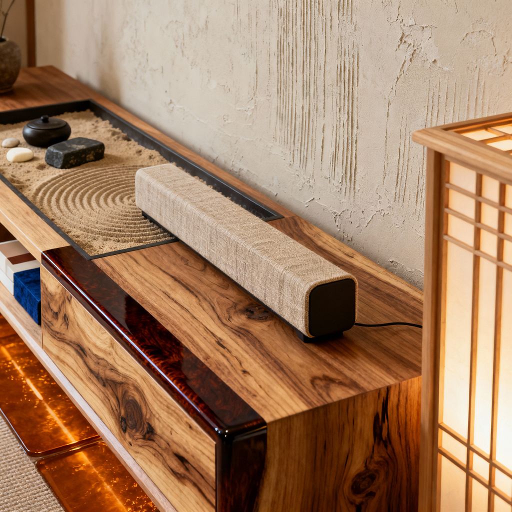 Close-up of a Japanese Zen-style media console made of richly grained wood with glossy dark accents. On top sits a beige fabric-covered soundbar beside a rectangular tabletop sand garden with concentric raked circles, dark stones, and white pebbles. To the right, a wooden shoji lamp with washi panels glows warmly. The backdrop is a textured plaster wall, with amber-lit glass elements visible beneath the cabinet.