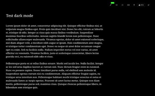 A dark mode interface displaying a text document titled 'Test dark mode'.