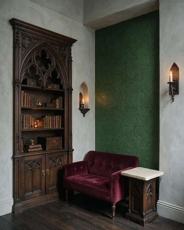 A moody Gothic studio apartment corner features a tall carved oak bookcase with pointed arches and shelves of old books, a deep burgundy velvet loveseat, and dark wood flooring. The walls are finished in pale plaster with a textured emerald-green accent panel, lit by candle-style wall sconces.