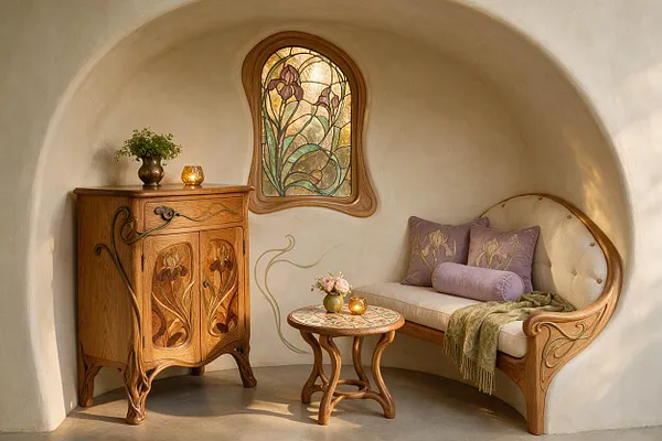 A small Art Nouveau patio nook with smooth cream plaster walls, a curved wooden bench with upholstered seating, and a matching carved cabinet. A stained-glass window with floral motifs adds color above a round mosaic-topped table, while soft lavender cushions and warm brass accents create a cozy, elegant atmosphere.