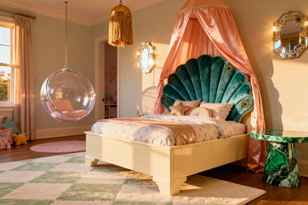 A kids’ bedroom in Hollywood Regency style features a teal velvet scallop headboard with peacock details under a blush satin canopy. A cream lacquer bed carries floral bedding, a rose-gold sequin runner, and star and rainbow pillows. Gilded octagonal mirrors flank the bed beside a green malachite pedestal table. A clear acrylic bubble chair with a pink cushion hangs by chain. Mint walls, beige drapes, hardwood floors, and an ivory-and-sage checkerboard rug glow in warm sunlight.