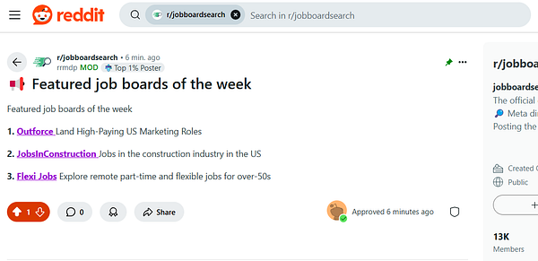 A Reddit post highlighting featured job boards of the week.