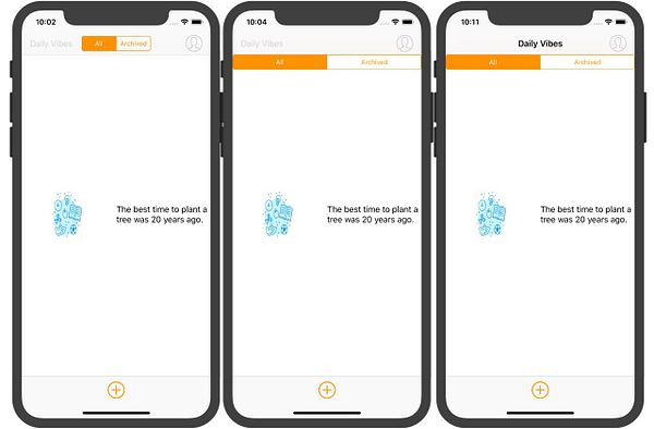 The image displays three smartphone screens showcasing a 'Daily Vibes' app interface with 'All' and 'Archived' tabs.