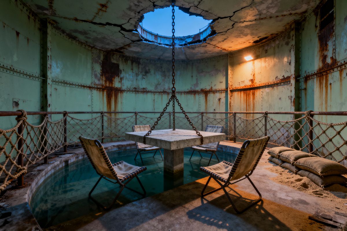 Room AI – Rusted Silo Dining with Suspended Concrete Table - Interior