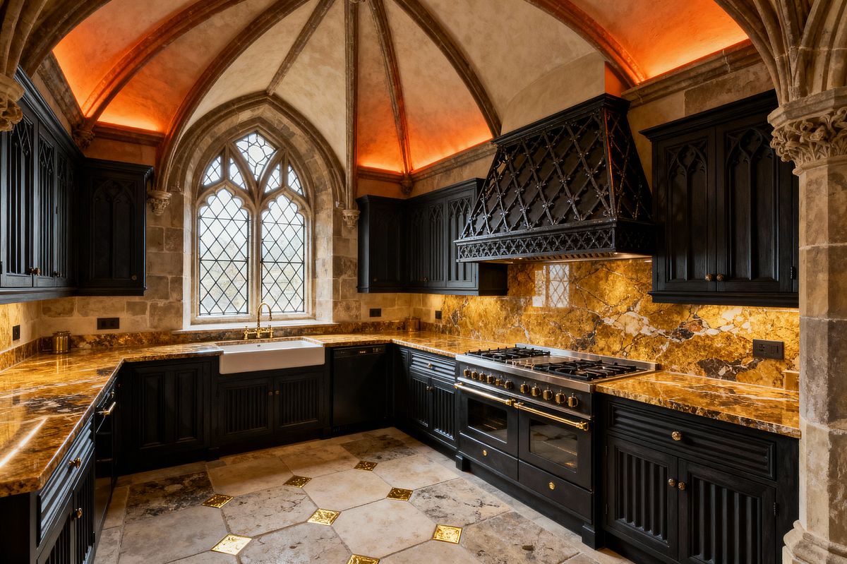 Room AI – Vaulted Gothic Kitchen with Black Cabinets and Gold Marble