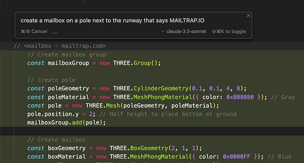 The image displays a code snippet for creating a mailbox on a pole using the THREE.js library.